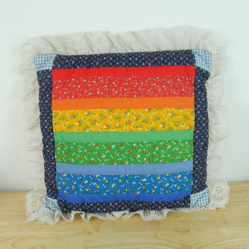 Vintage Patchwork Rainbow Throw Pillow Eyelet Ruffle Pride Kitschy Cottagecore